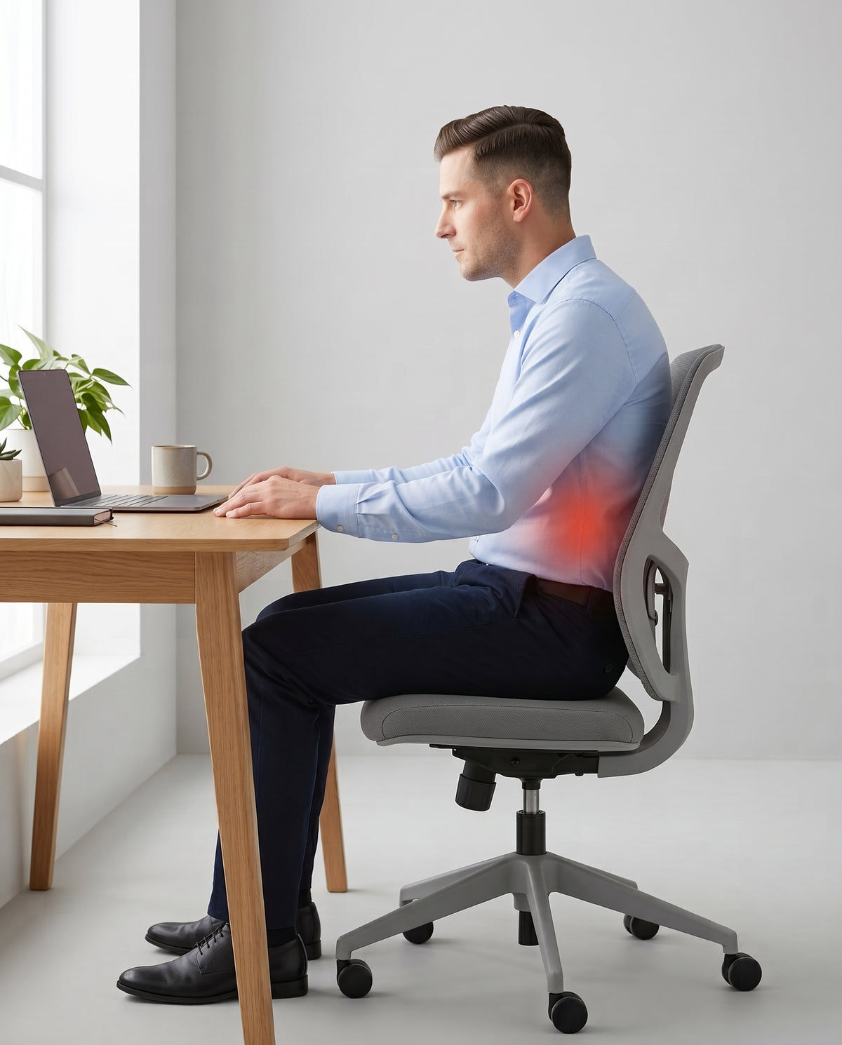 Sans SpiroSeat : un homme assis à son bureau sur une chaise sans coussin