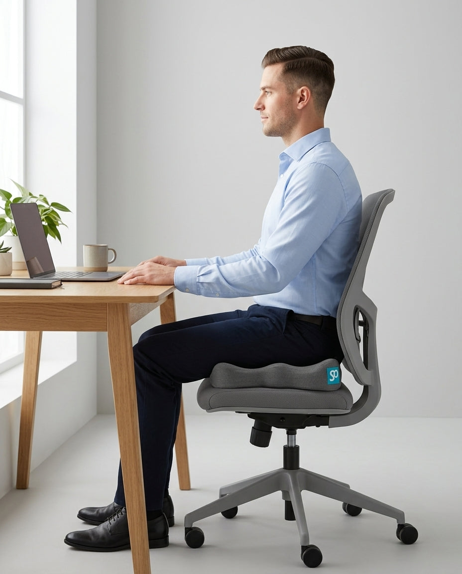 Avec SpiroSeat : le même homme assis droit sur le coussin